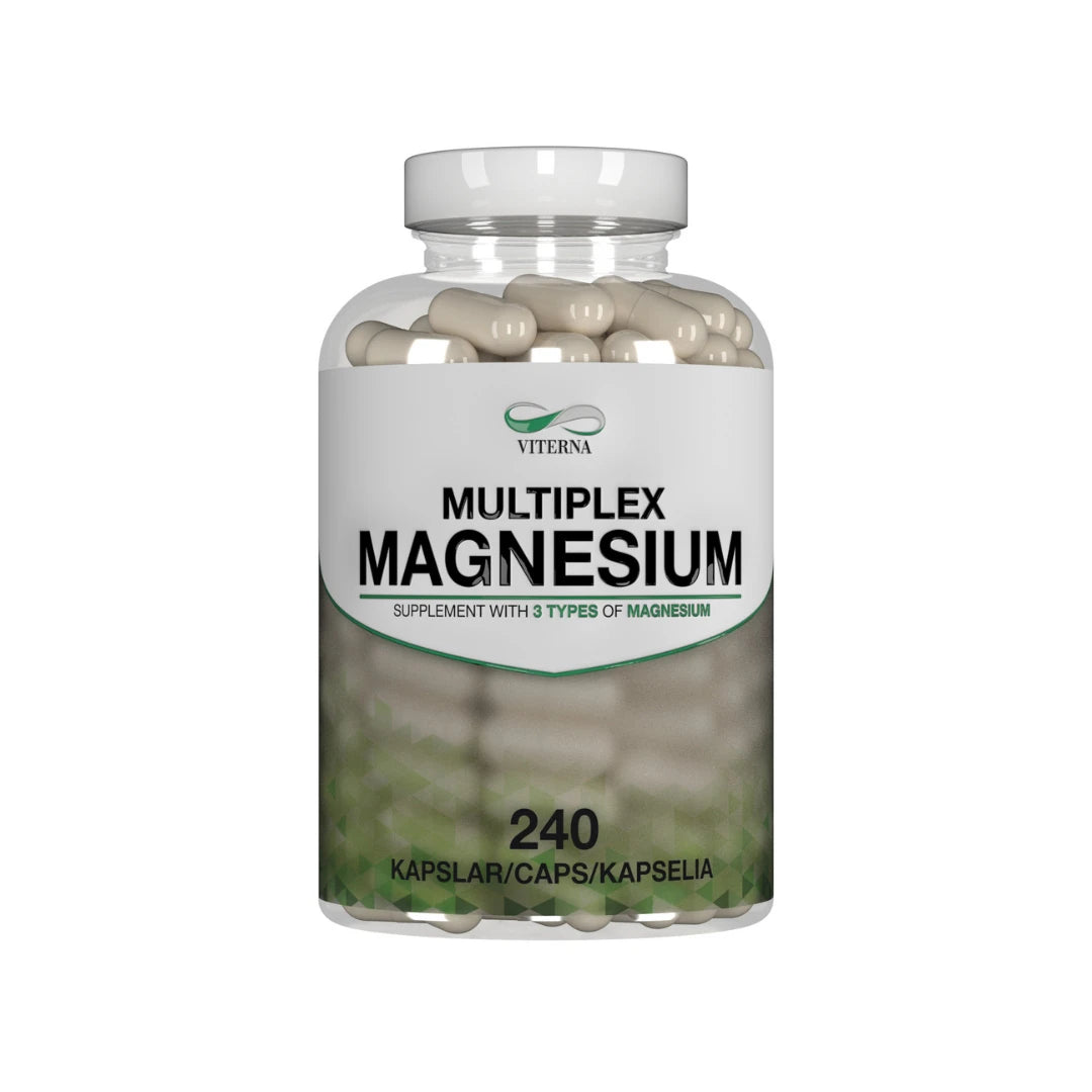 Viterna Multiplex Magnesium 240 caps -ravintolisä läpinäkyvässä purkissa, valkoinen etiketti vihreillä yksityiskohdilla., kuva 1/1