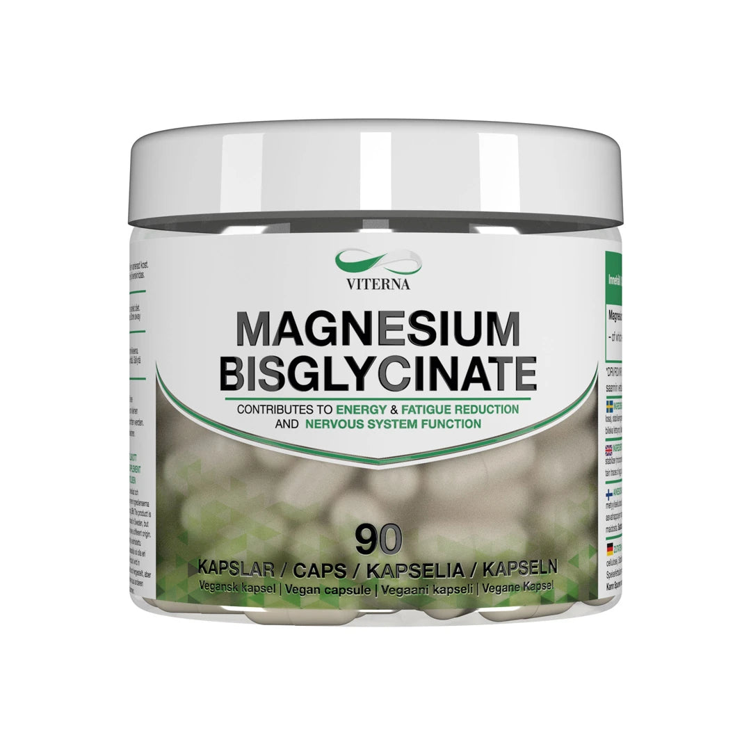 Viterna Magnesium bisglycinate 90 caps läpinäkyvässä purkissa, jossa on valkoinen kansi ja vihreä-musta etiketti., kuva 1/1