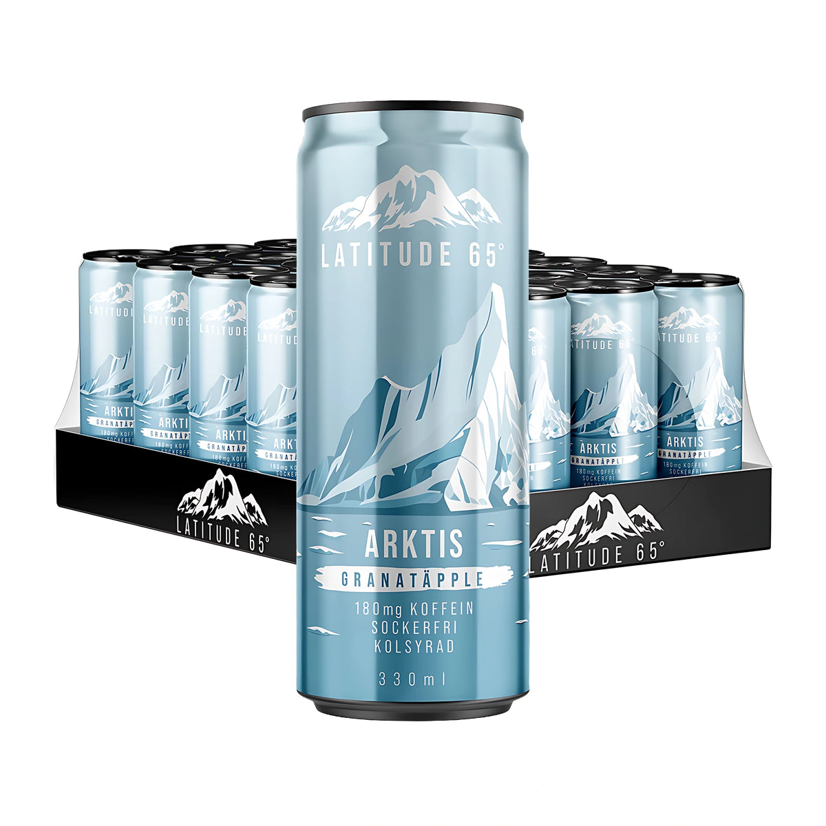 24 x Latitude 65 330 ml Arktis - Granatäpple lavalla, jossa on vaaleansinisiä vuorikuviolla koristeltuja tölkkejä., kuva 1/1