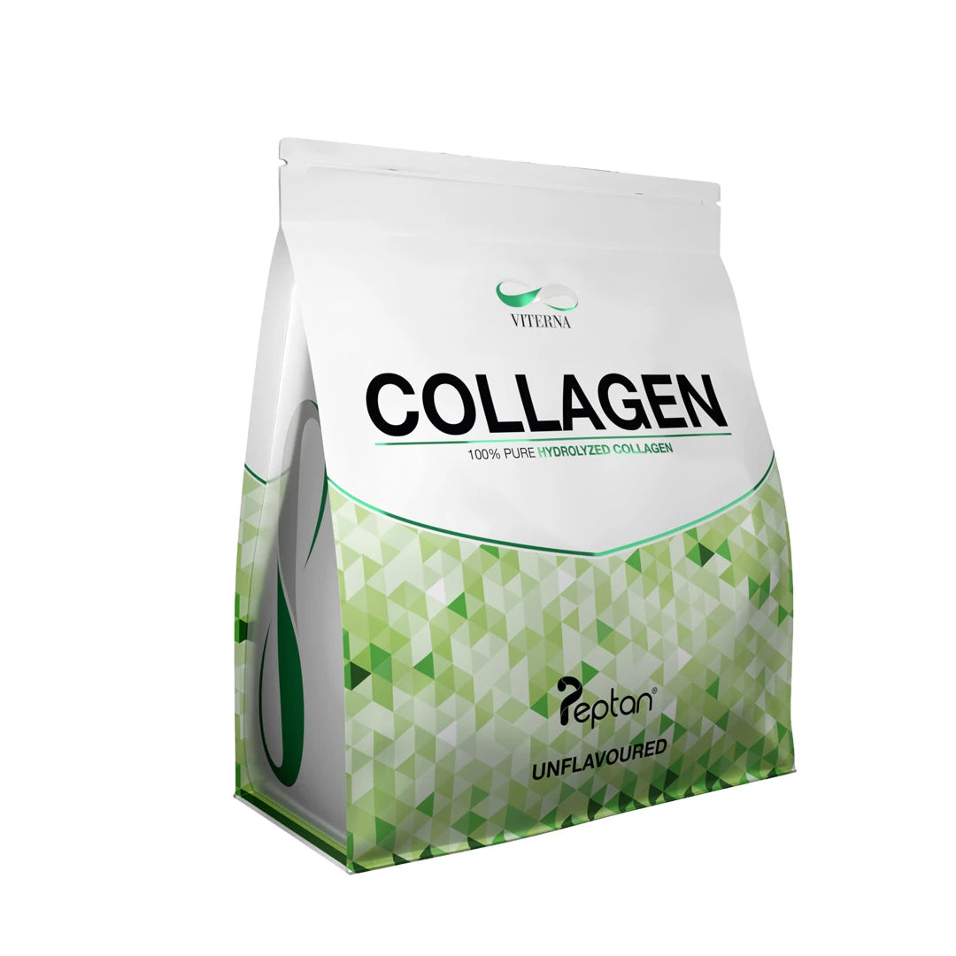 Viterna Pure Collagen - Peptan® 400 g -maustamatonta kollageenia valkoisessa pussissa, jossa on vihreä geometrinen kuvio., kuva 1/1