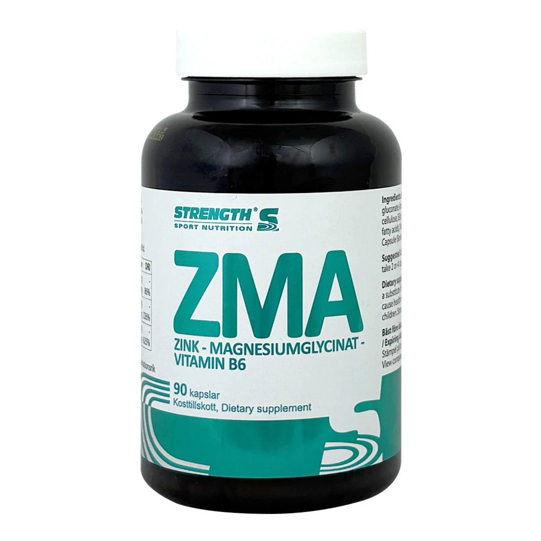 Strength Sport Nutrition ZMA 90 caps -ravintolisä mustassa purkissa, jossa on valkoinen ja vihreä etiketti., kuva 1/1