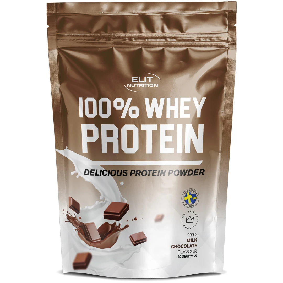 Elit Nutrition 100% Whey Protein 900 g ruskea-valkoisessa pussissa suklaapaloilla, makuna Milk Chocolate., kuva 1/6