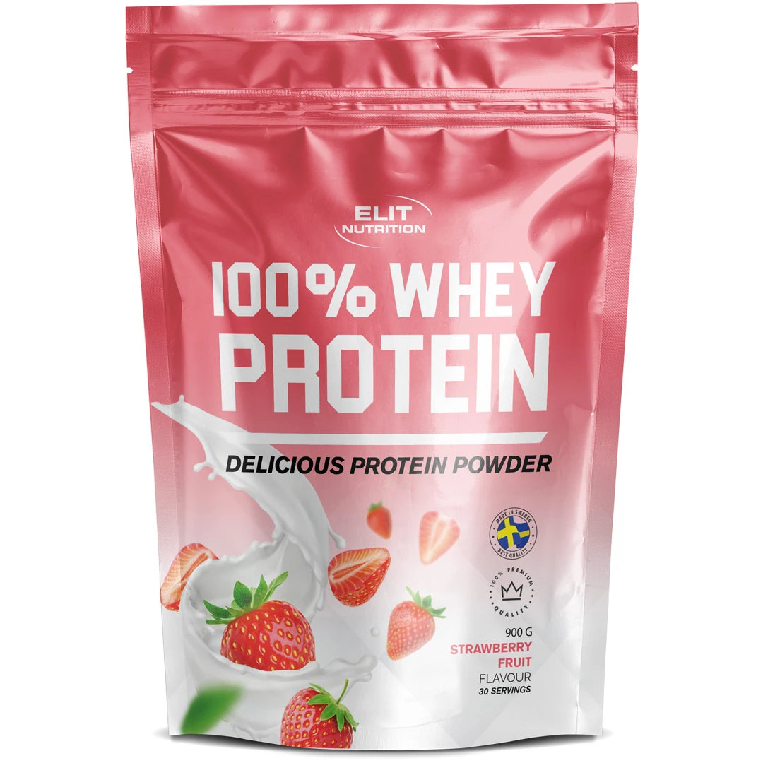 Elit Nutrition 100% Whey Protein 900 g -proteiinijauhe vaaleanpunaisessa pussissa mansikoilla, makuna Strawberry Fruit., kuva 2/6