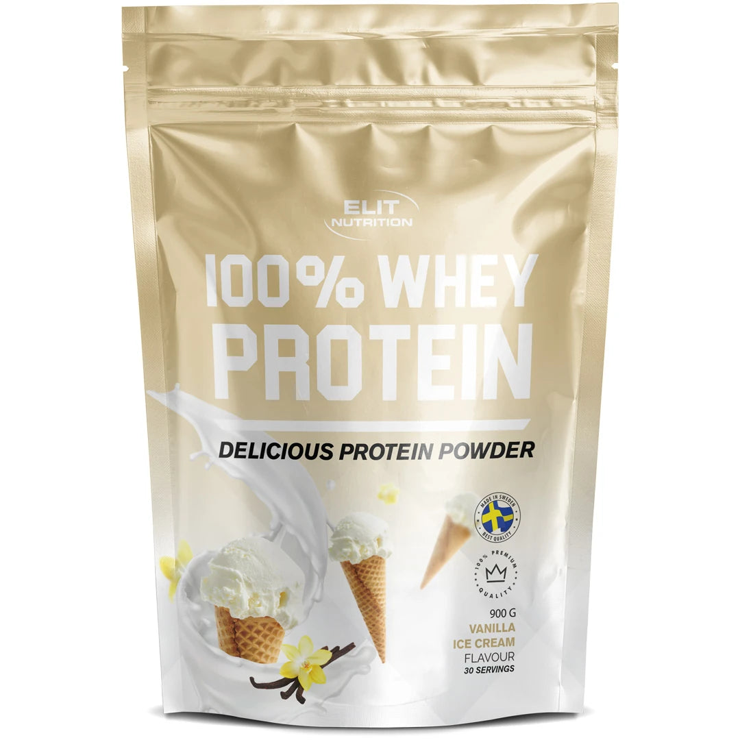Elit Nutrition 100% Whey Protein 900 g -proteiinijauhe vaaleanbeigessä pussissa, makuna Vanilla Ice Cream., kuva 3/6