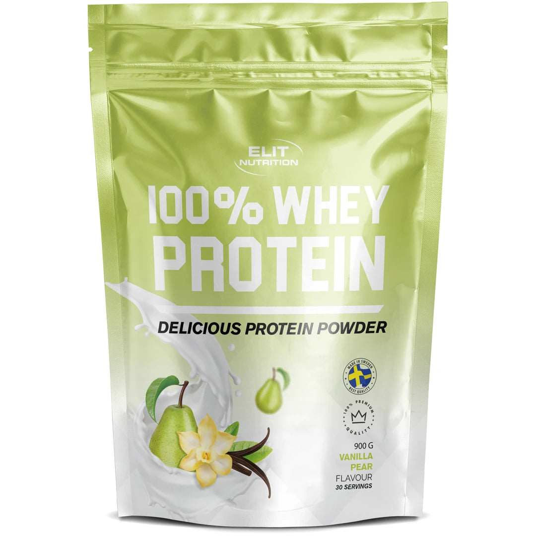 Elit Nutrition 100% Whey Protein 900 g -proteiinijauhe vaaleanvihreässä pussissa, makuna Vanilla Pear., kuva 4/6