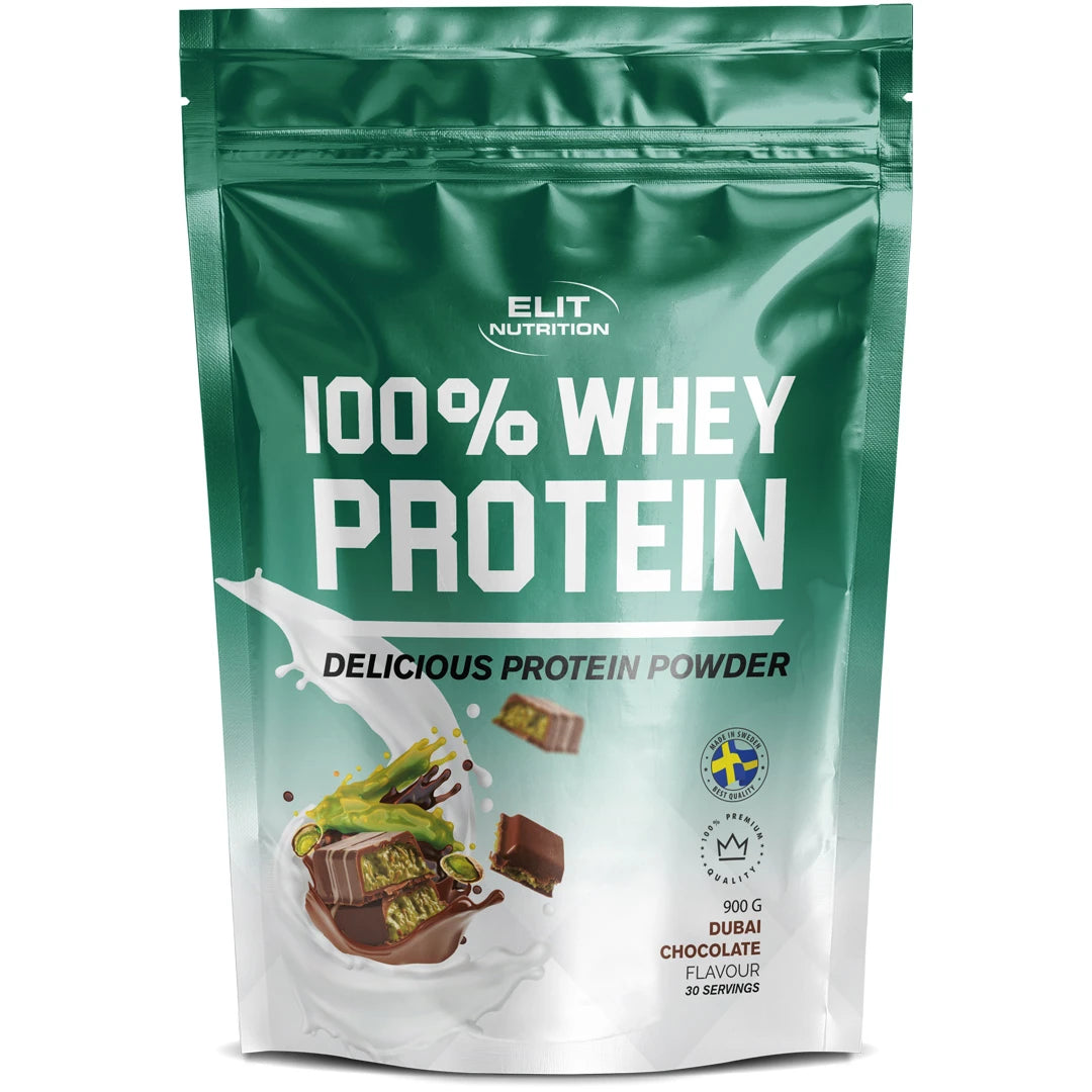 Elit Nutrition 100% Whey Protein 900 g -proteiinijauhe vihreässä pussissa, makuna Dubai Chocolate., kuva 5/6