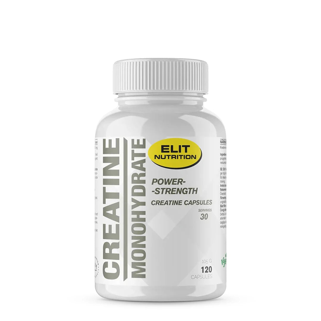 Elit Nutrition Creatine Monohydrate 120 caps i en vit plastburk med grå text och gul logotyp., bild 1 av 1