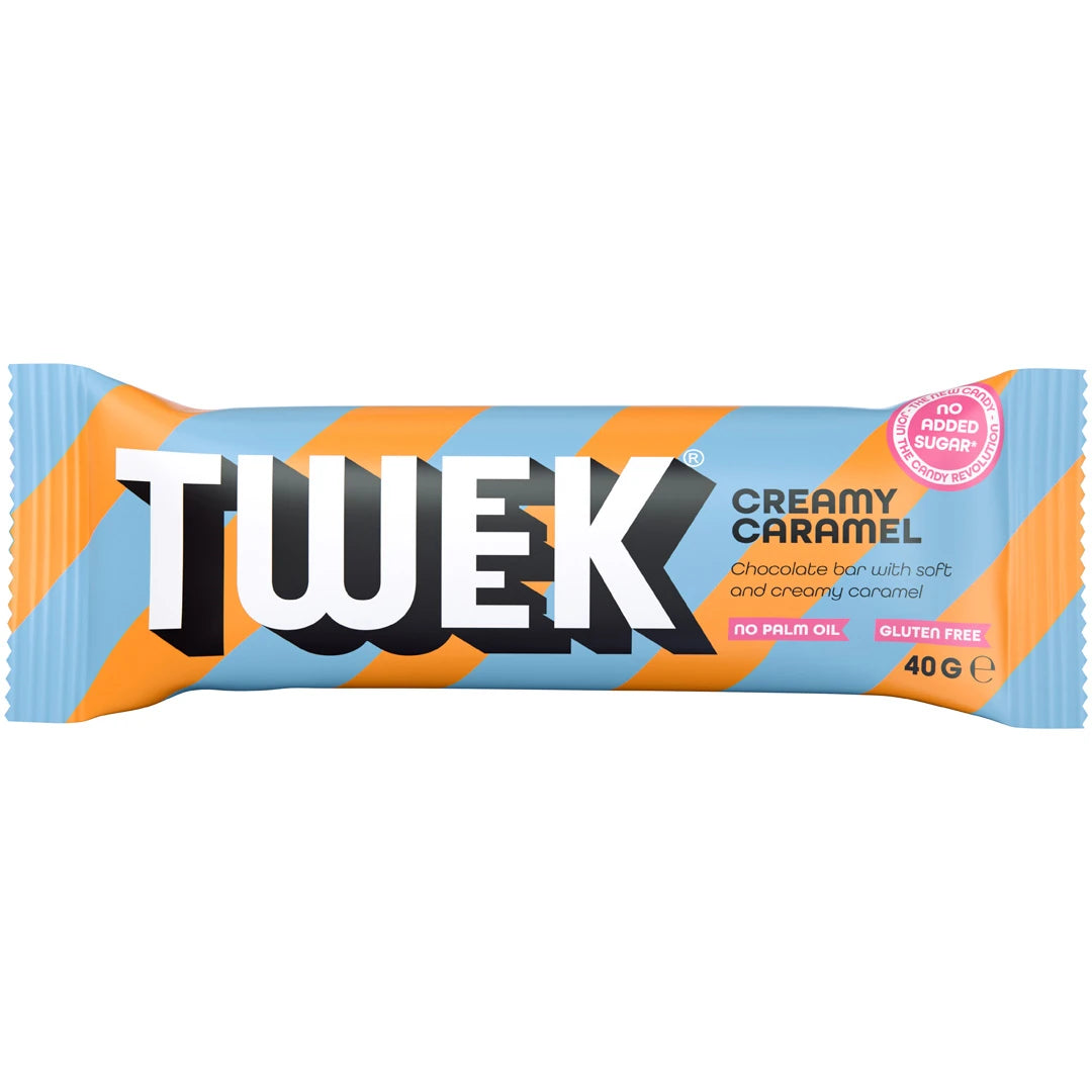 Tweek Sweets Bar 40 g -suklaapatukka vaaleansinisen ja oranssin raidallisessa pakkauksessa, makuna Creamy Caramel., kuva 3/3