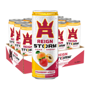 12 x Reign Storm Energy 355 ml lavalla valko-punaisissa tölkeissä, makuna Strawberry Apricot.