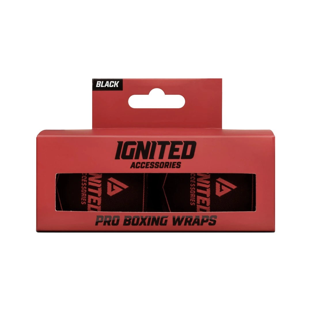 Ignited Boxing Hand Wraps Black 3.5, mustat nyrkkeilysiteet punaisessa pakkauksessa., kuva 1/1