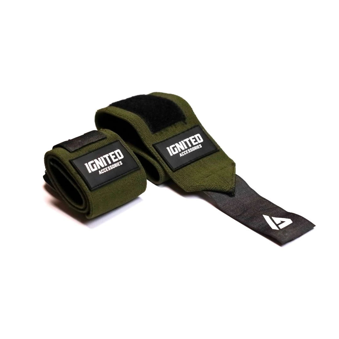 Armeijanvihreät Ignited Pro Wrist Wraps Military Green 18" -rannesiteet mustilla tarranauhoilla., kuva 1/1