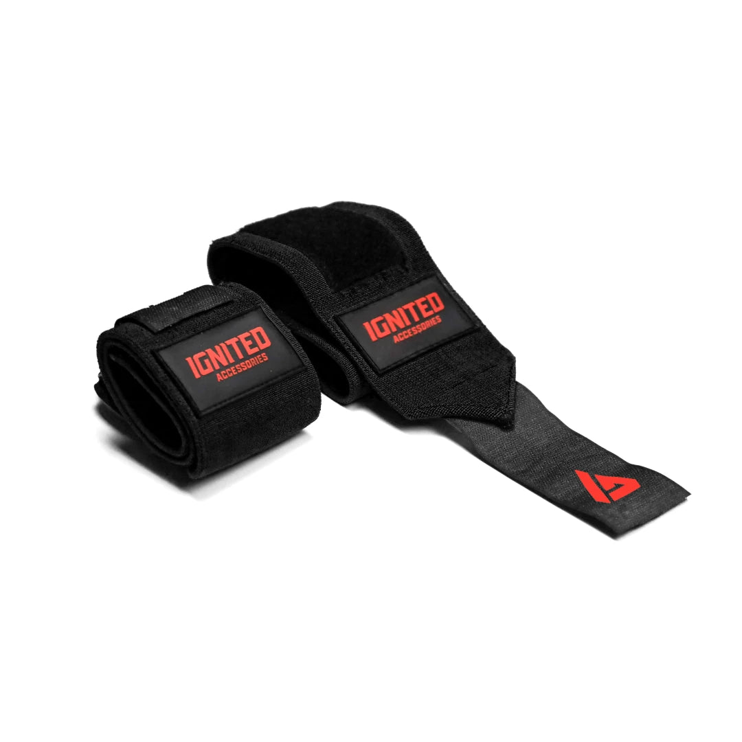Mustat Ignited Premium Wrist Wraps 13" Black/Red -rannetuet punaisella logolla raskaaseen voimaharjoitteluun., kuva 1/1