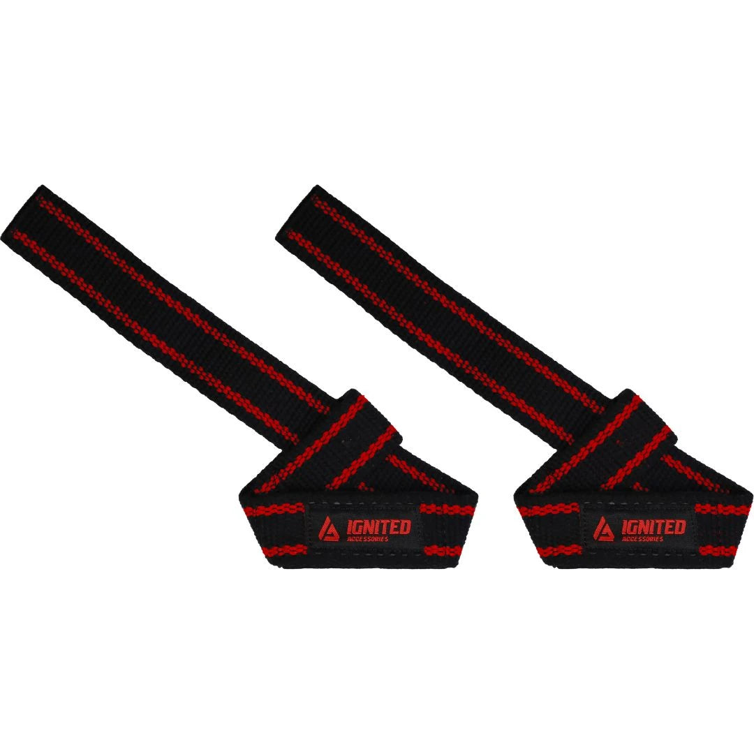 Mustat puuvillakankaiset Ignited Premium Padded Lifting Straps Black/Red -vetoremmit punaisilla yksityiskohdilla., kuva 1/1