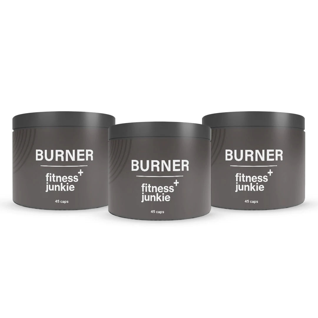 3 x fitnessjunkie Burner 45 caps, kolme tummanharmaata purkkia mustilla kansilla., kuva 1/1