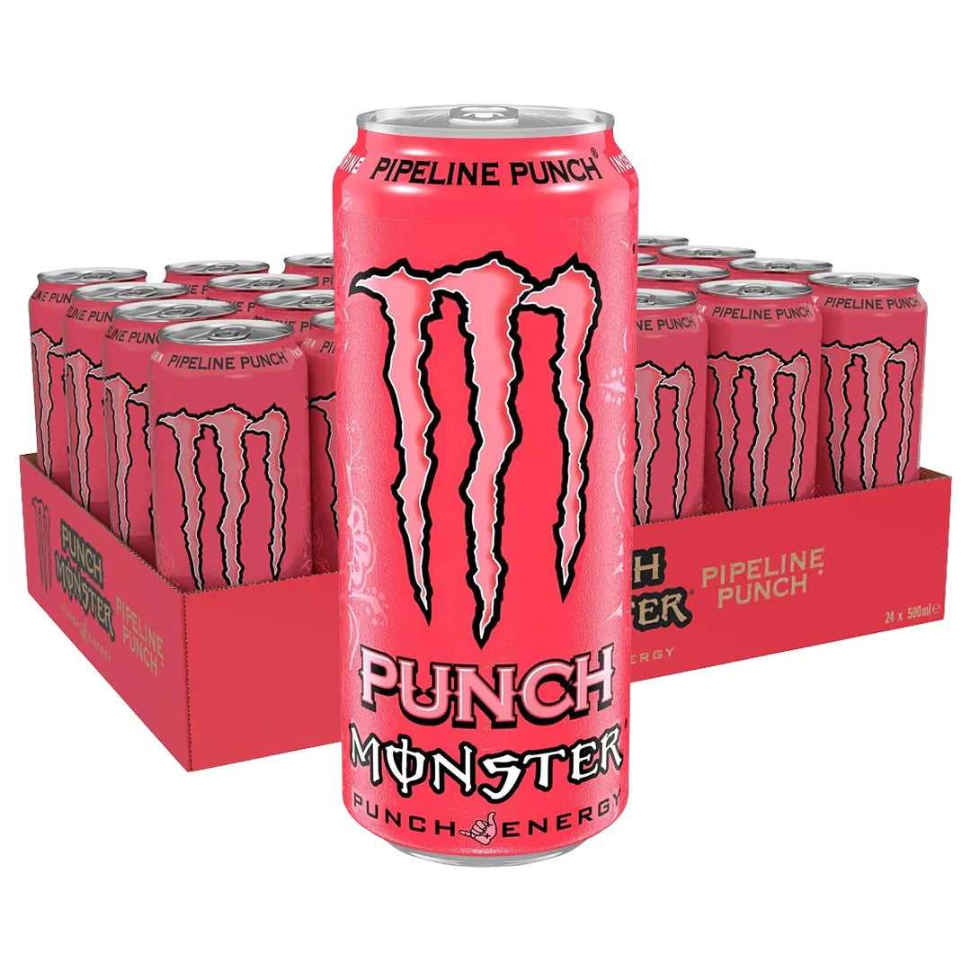 24 x Monster Energy 500 ml Pipeline Punch punaisessa laatikossa täynnä vaaleanpunaisia ja mustia tölkkejä., kuva 1/1