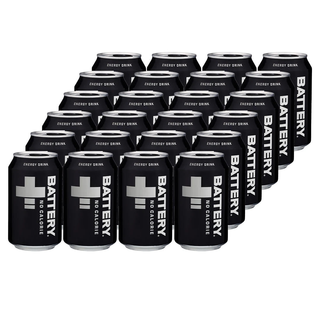 24 x Battery Energy Drink 330 ml NoCal 33B -monipakkaus mustia tölkkejä valkoisella tekstillä ja hopeisilla yksityiskohdilla., kuva 1/1
