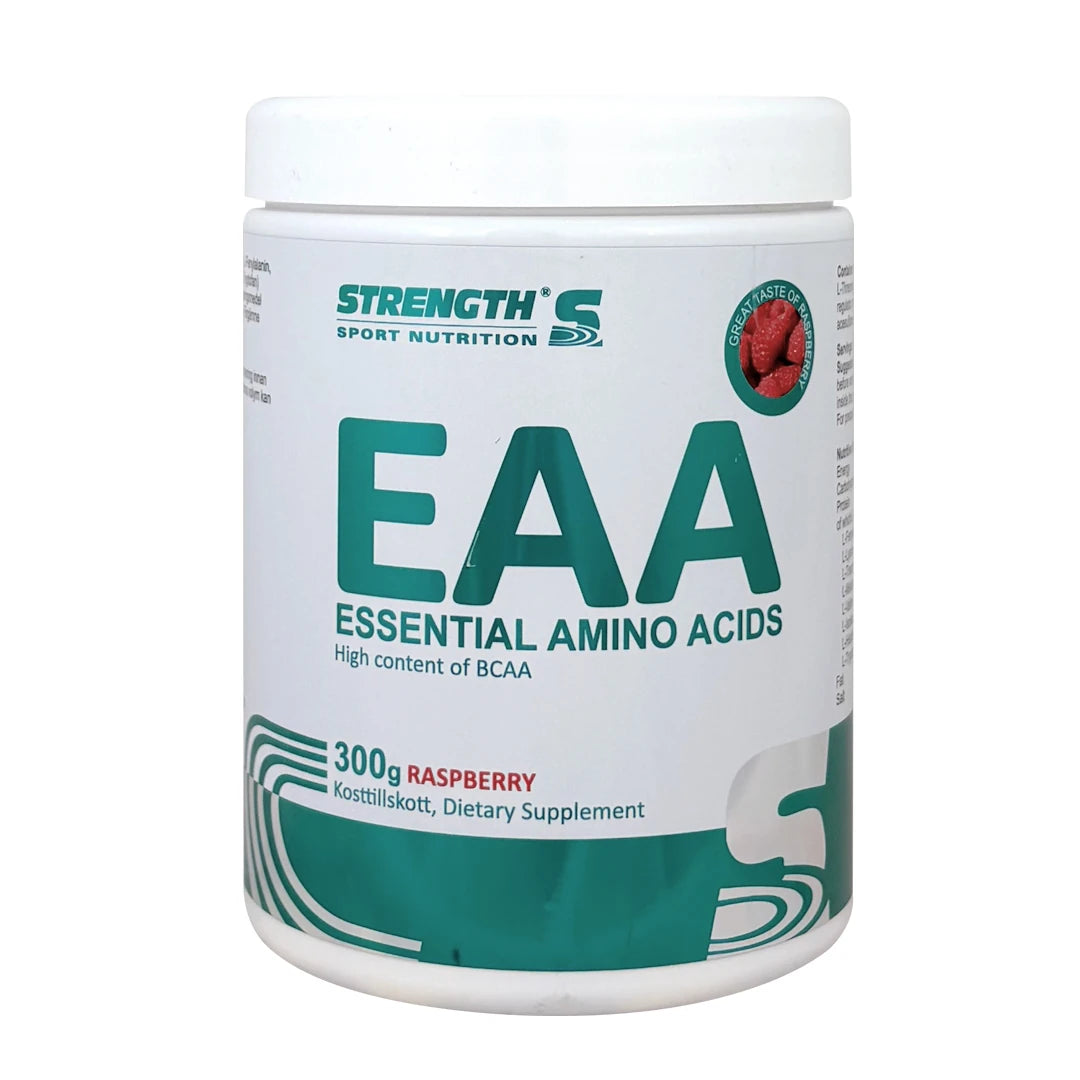 Strength Sport Nutrition EAA 300 g aminosyror i en vit burk med turkosa detaljer för smaken Raspberry., bild 3 av 3