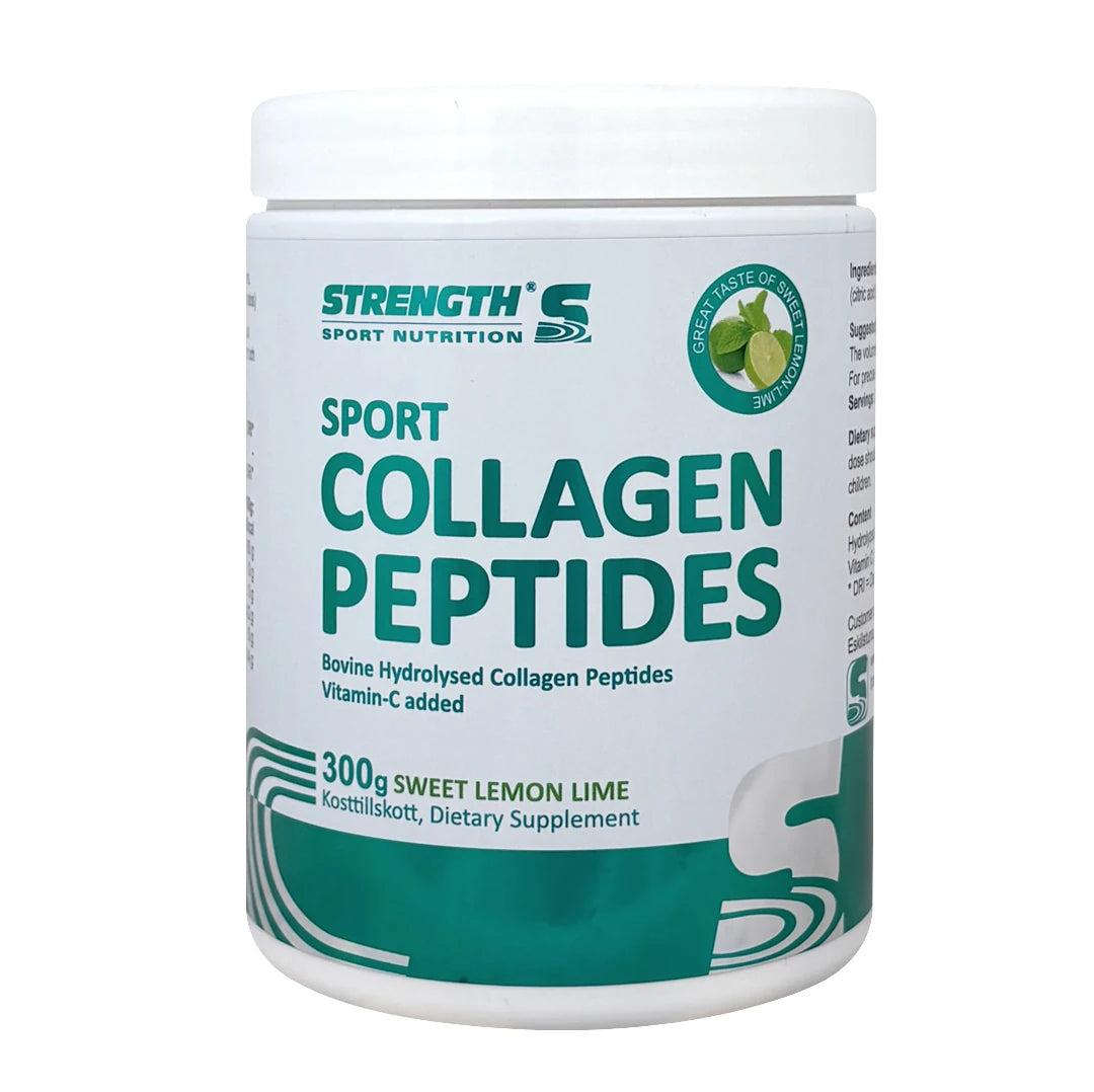 Strength Sport Nutrition Collagen Peptides 300 g valkoisessa muovipurkissa vihreillä yksityiskohdilla, makuna Sweet Lemon Lime., kuva 2/2
