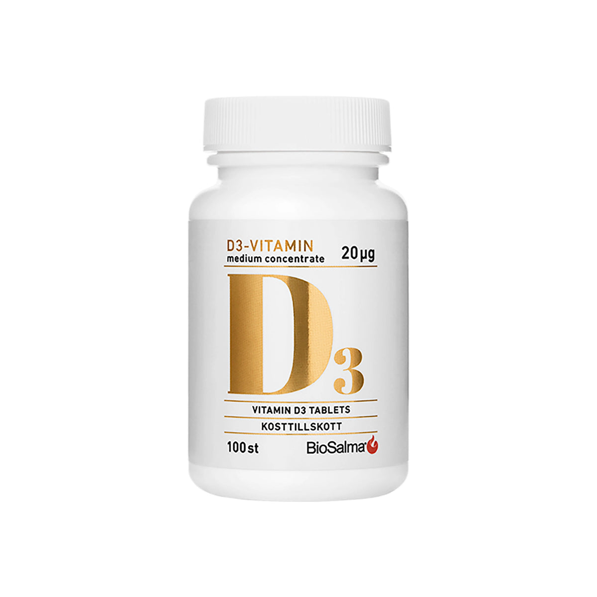 Valkoinen muovipurkki keltaisella tekstillä, jossa on BioSalma D3 Vitamin Medium Concentrate 20 ug 100 tabs -ravintolisä., kuva 1/1