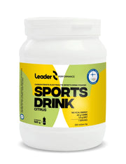 Valkoinen purkki Leader Performance Sport Drink 540 g -urheilujuomajauhetta keltaisella etiketillä, makuna Citrus.