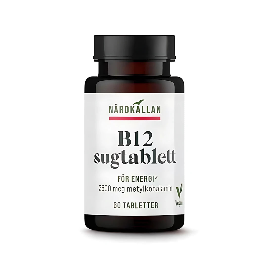 Närokällan B12 Sugtablett 60 tabs tummassa purkissa, jossa on valkoinen etiketti ja musta kansi., kuva 1/1