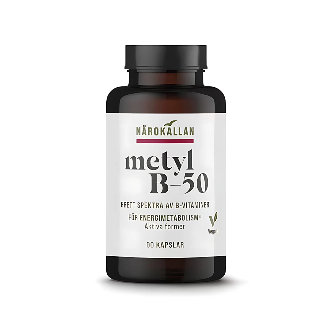 Närokällan Metyl B-50 komplex 90 caps tummassa lasipurkissa, jossa on valkoinen etiketti ja musta kansi., kuva 1/1