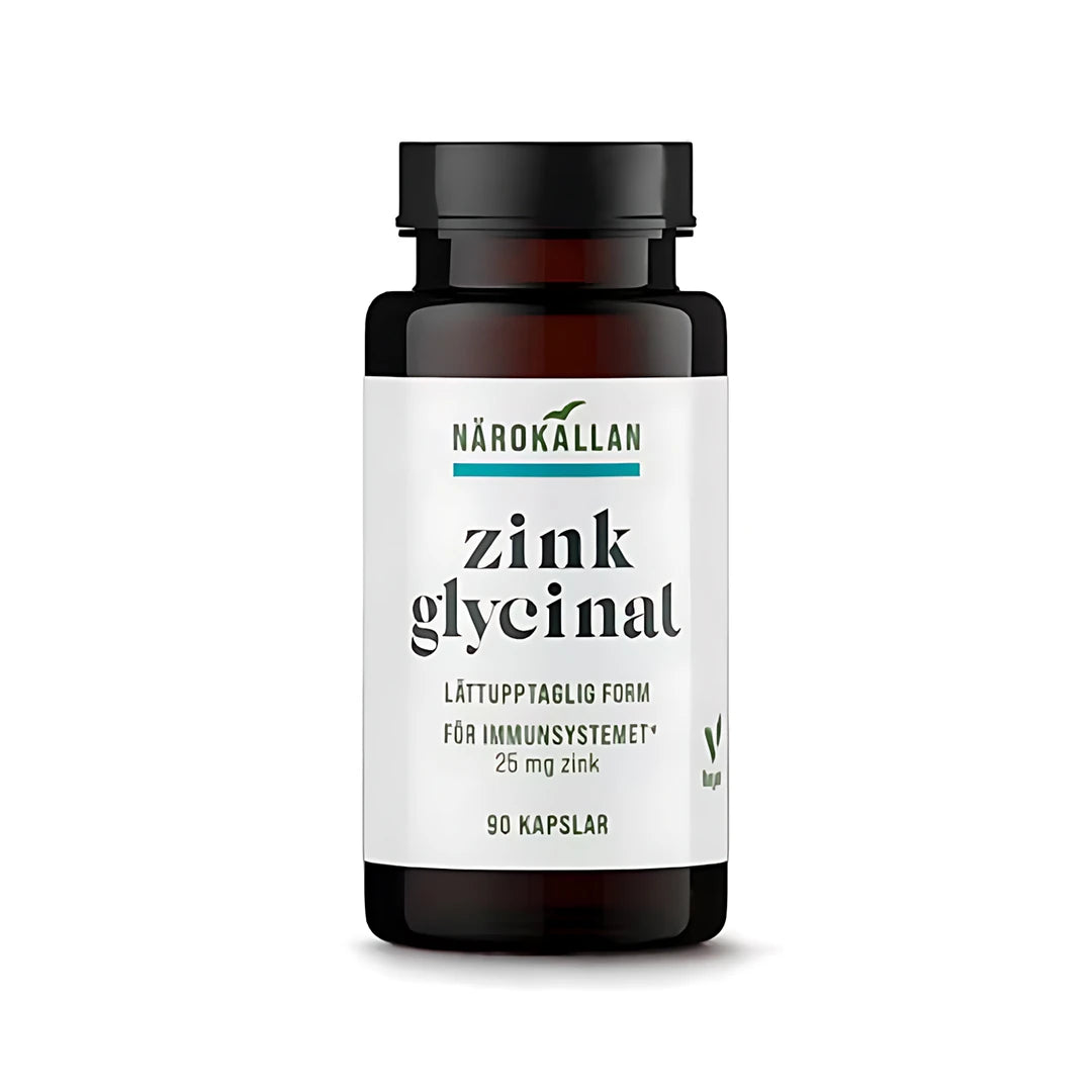 Närokällan Zinkglycinat 90 caps -ravintolisä tummanruskeassa purkissa, jossa on musta korkki ja valkoinen etiketti mustilla tekstiyksityiskohdilla., kuva 1/1