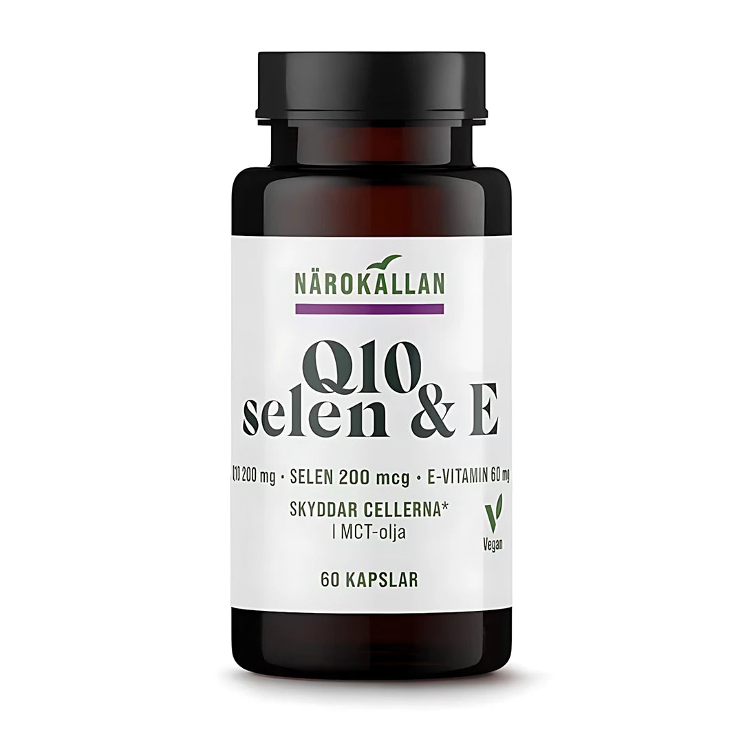 Närokällan Q10 200 mg + Selen &amp; E 60 caps tummassa purkissa, jossa on valkoinen etiketti., kuva 1/1