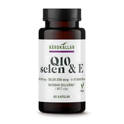 Närokällan Q10 200 mg + Selen & E 60 caps tummassa purkissa, jossa on valkoinen etiketti.