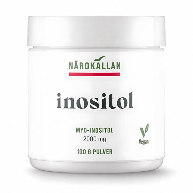 Närokällan Inositol 100 g myo-inositolijauhe valkoisessa purkissa vihreillä yksityiskohdilla.