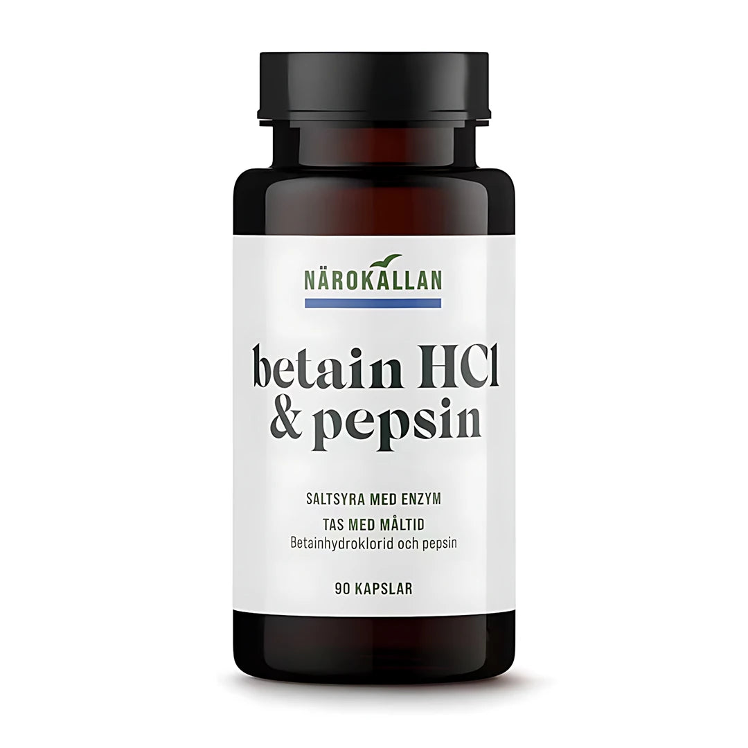Närokällan Betain HCL pepsin 90 caps -ravintolisä tummanruskeassa purkissa, jossa on valkoinen etiketti., kuva 1/1