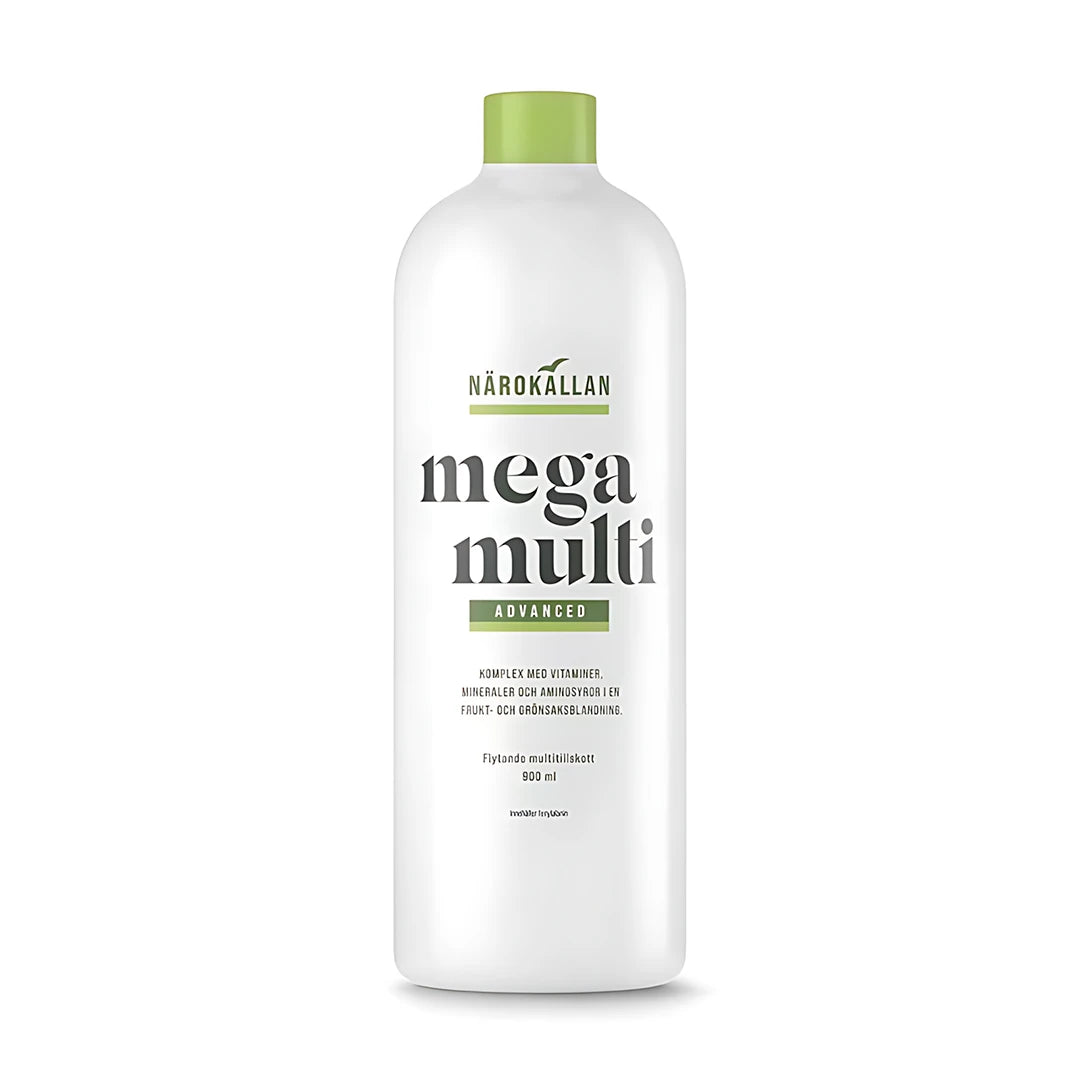 Närokällan Mega Multi Advanced 900 ml nestemäinen monivitamiinilisä valkoisessa pullossa vihreillä yksityiskohdilla., kuva 1/1
