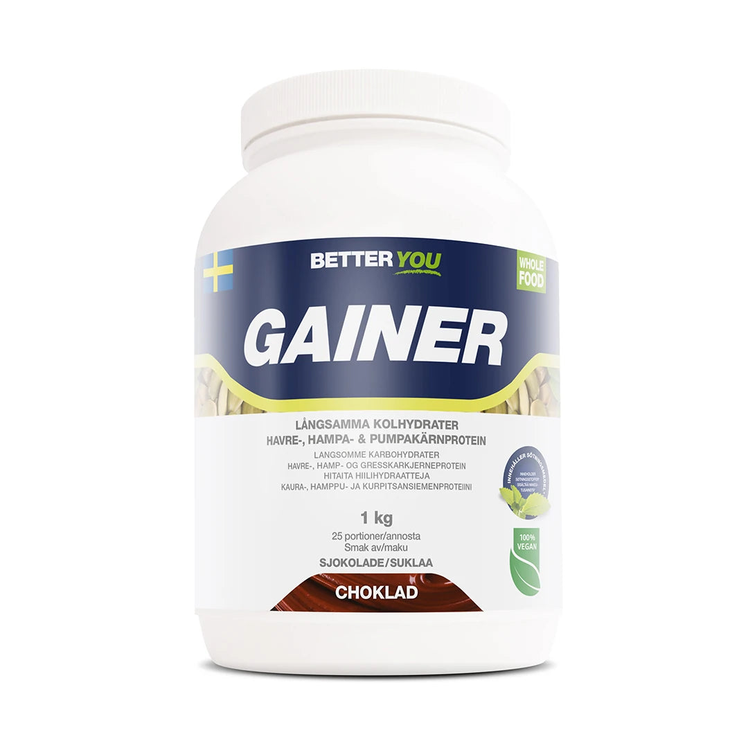 Better You Whole Food Gainer 1kg -vegaanigaineri valkoisessa purkissa sinisillä yksityiskohdilla, makuna suklaa., kuva 1/1