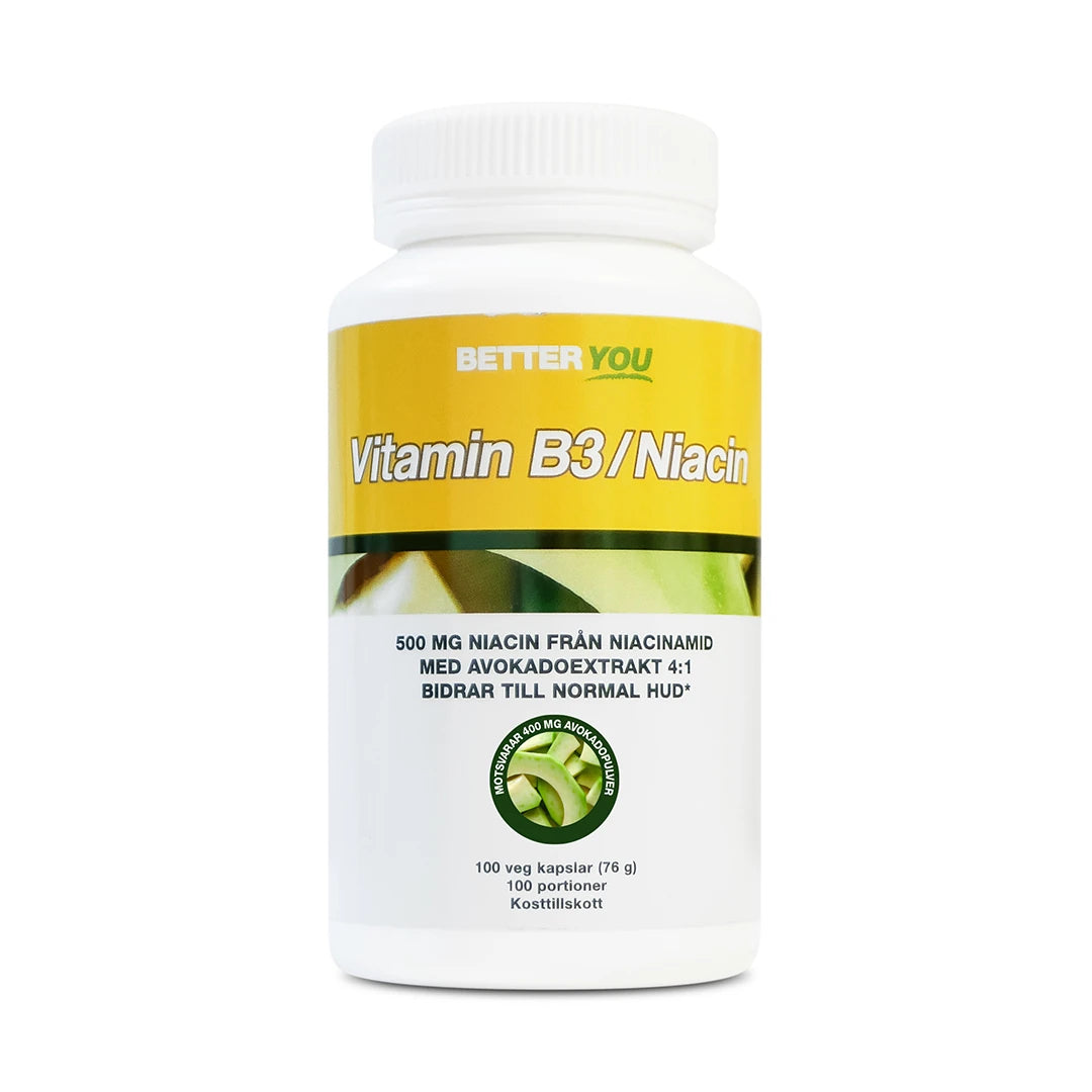 Better You Vitamin B3 / Niacin - 100 caps valkoisessa purkissa keltaisella etiketillä ja vihreillä avokadokuvilla., kuva 1/1