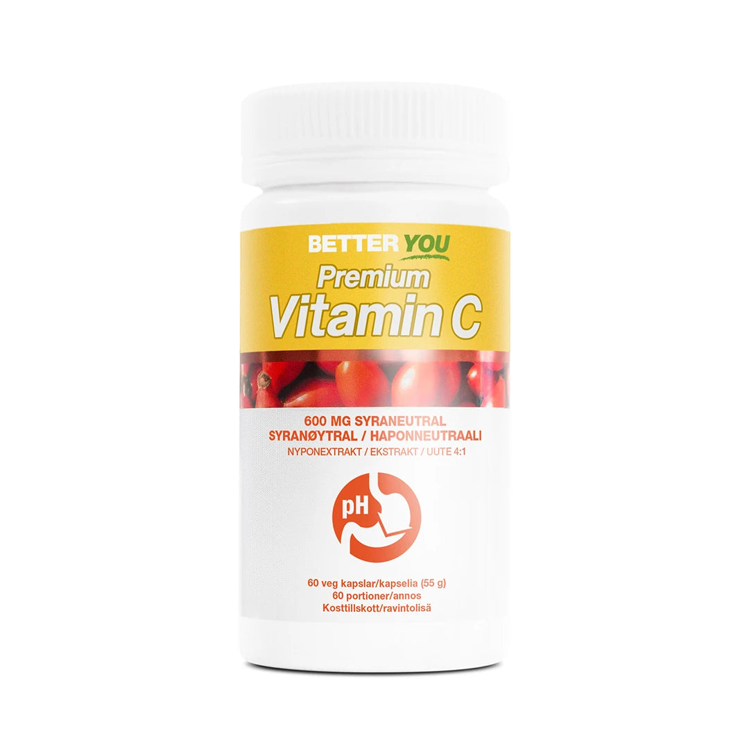 Better You Premium Vitamin C - 60 kaps valkoisessa purkissa, jossa on keltainen etiketti ja punaisia ruusunmarjoja., kuva 1/1
