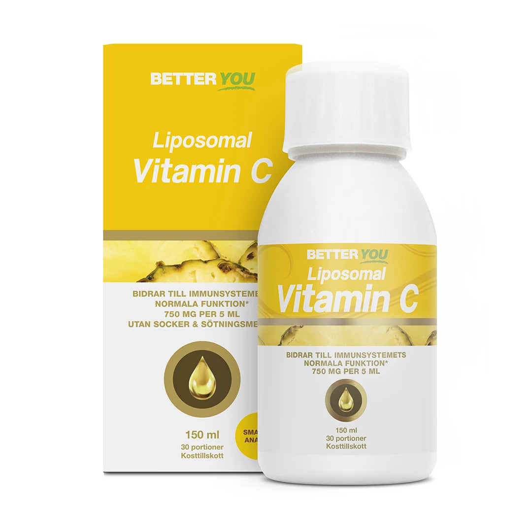Better You Liposomal Vitamin C 150 ml nestemäinen ravintolisä, valkoinen pullo keltaisella etiketillä ja pahvikotelo., kuva 1/1
