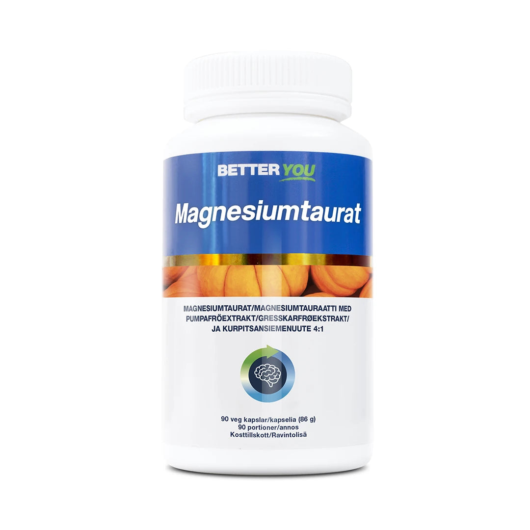 Better You Magnesiumtaurat - 90 kaps valkoisessa muovipurkissa, jossa on sininen etiketti ja kurpitsojen kuvia., kuva 1/1