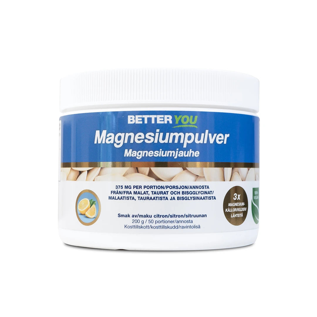 Better You Magnesiumpulver 200 g -ravintolisä valkoisessa purkissa, jossa on sininen etiketti ja sitruunan maku., kuva 1/1