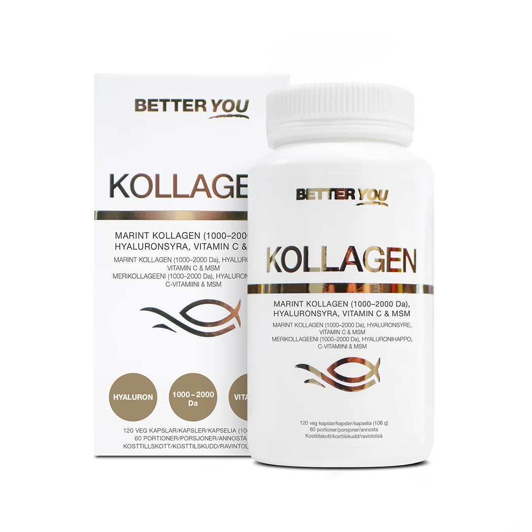 Better You Premium Kollagen 120 kaps valkoisessa purkissa ja pahvipakkauksessa kuparinvärisillä yksityiskohdilla., kuva 1/1