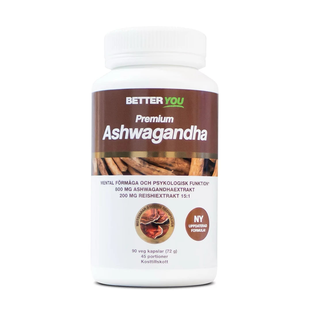 Better You Premium Ashwagandha 90 caps valkoisessa muovipurkissa ruskealla etiketillä ja ashwagandha-juurien kuvalla., kuva 1/1