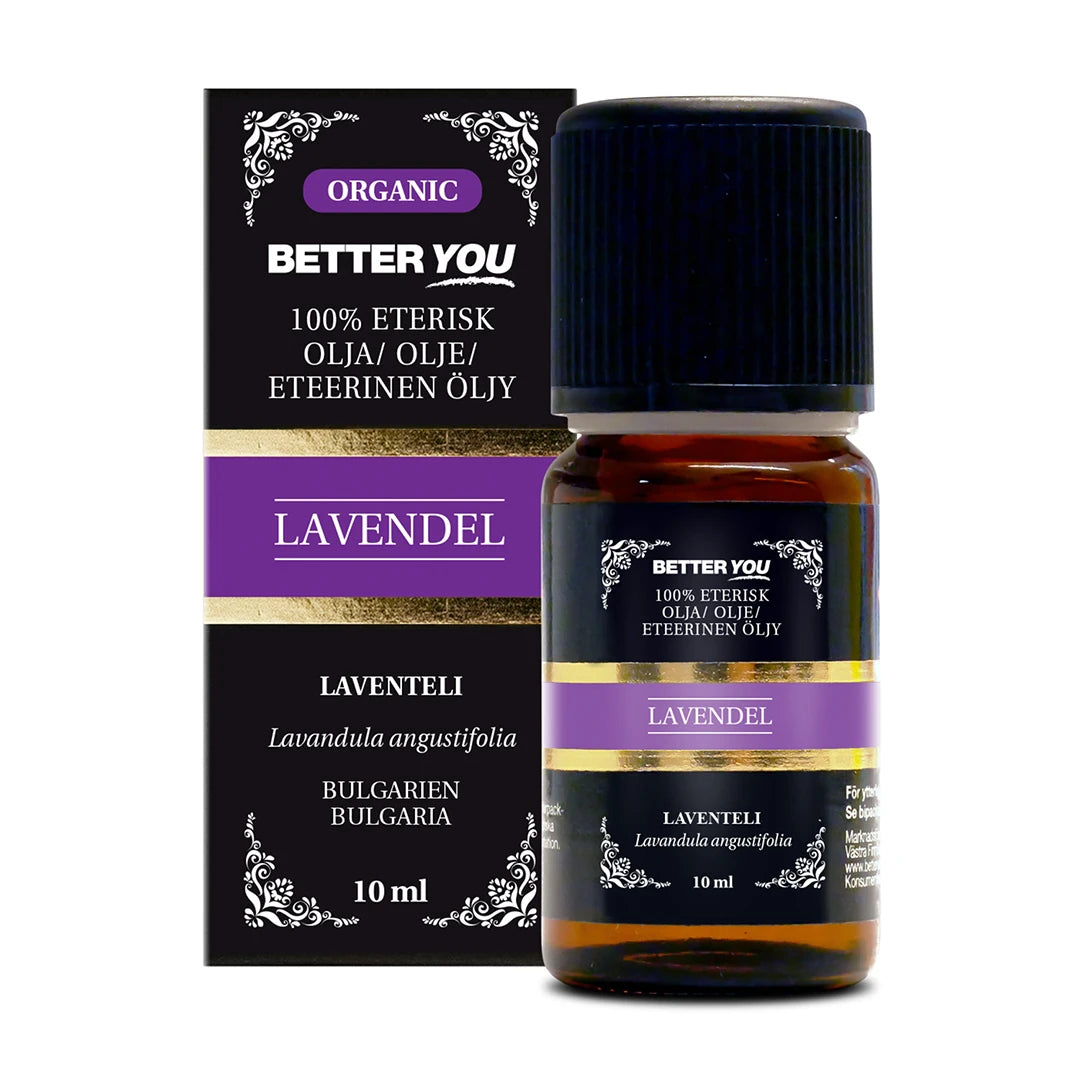 Better You Lavendelolja EKO Eterisk 10 ml ruskeassa lasipullossa mustalla korkilla, mukana musta-violetti pakkaus., kuva 1/1