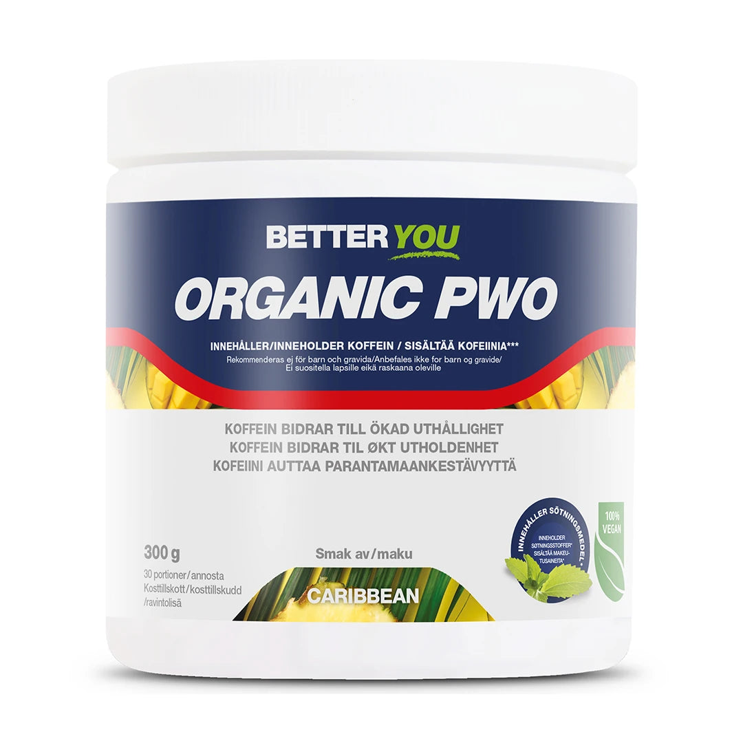 Valkoinen purkki jauhemaista Better You Organic PWO 300 g -tehonlisääjää, makuna Caribbean., kuva 1/1