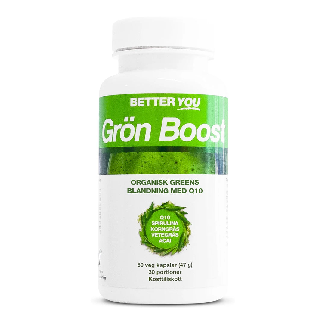Better You Grön Boost Kapslar 60 kaps 0,047 kg -ravintolisä valkoisessa muovipurkissa, jossa on vihreä etiketti., kuva 1/1