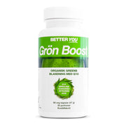 Better You Grön Boost Kapslar 60 kaps 0,047 kg -ravintolisä valkoisessa muovipurkissa, jossa on vihreä etiketti.