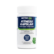 Vit burk med blå och grön etikett innehållande Better You Fitness Kapslar med koffein 60 caps för ökad uthållighet.