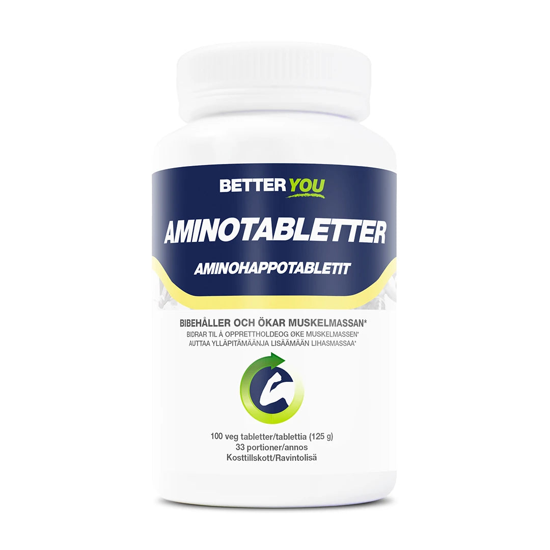 Better You Amino Tabletter 100 tabs -aminohappolisä valkoisessa purkissa tummansinisillä ja vihreillä yksityiskohdilla., kuva 1/1