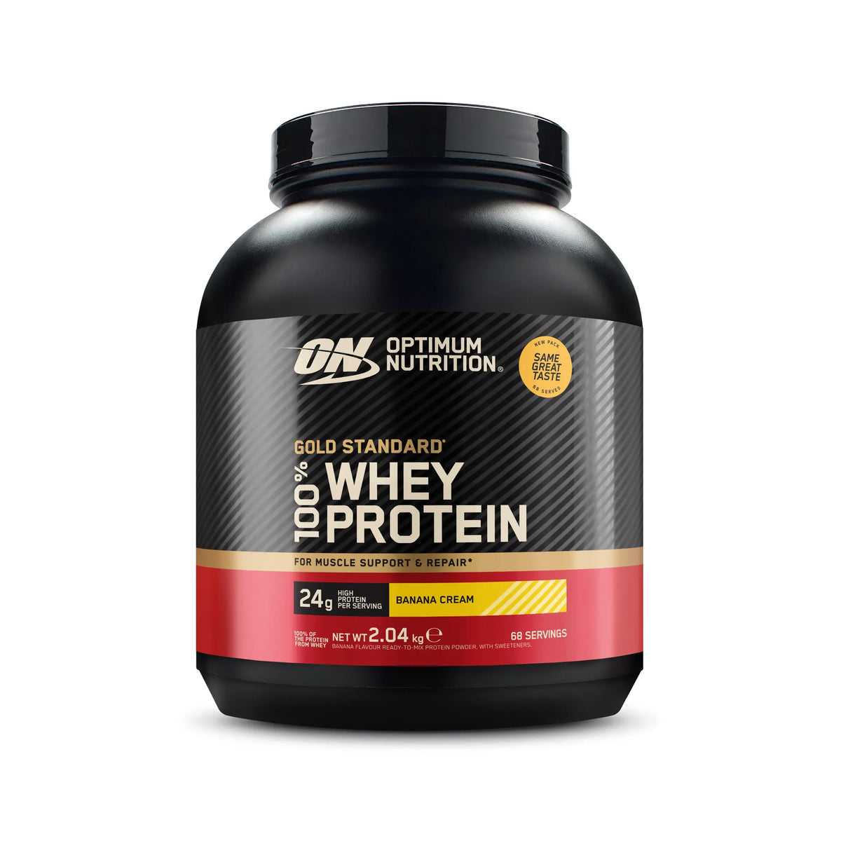 Optimum Nutrition 100% Whey Gold Standard 2 kg -proteiinijauhe mustassa purkissa punaisella etiketillä, makuna Banana Cream., kuva 1/6