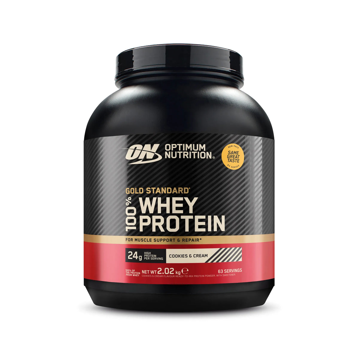 Optimum Nutrition 100% Whey Gold Standard 2 kg mustassa purkissa punaisilla yksityiskohdilla, makuna Cookies &amp; Cream., kuva 2/6