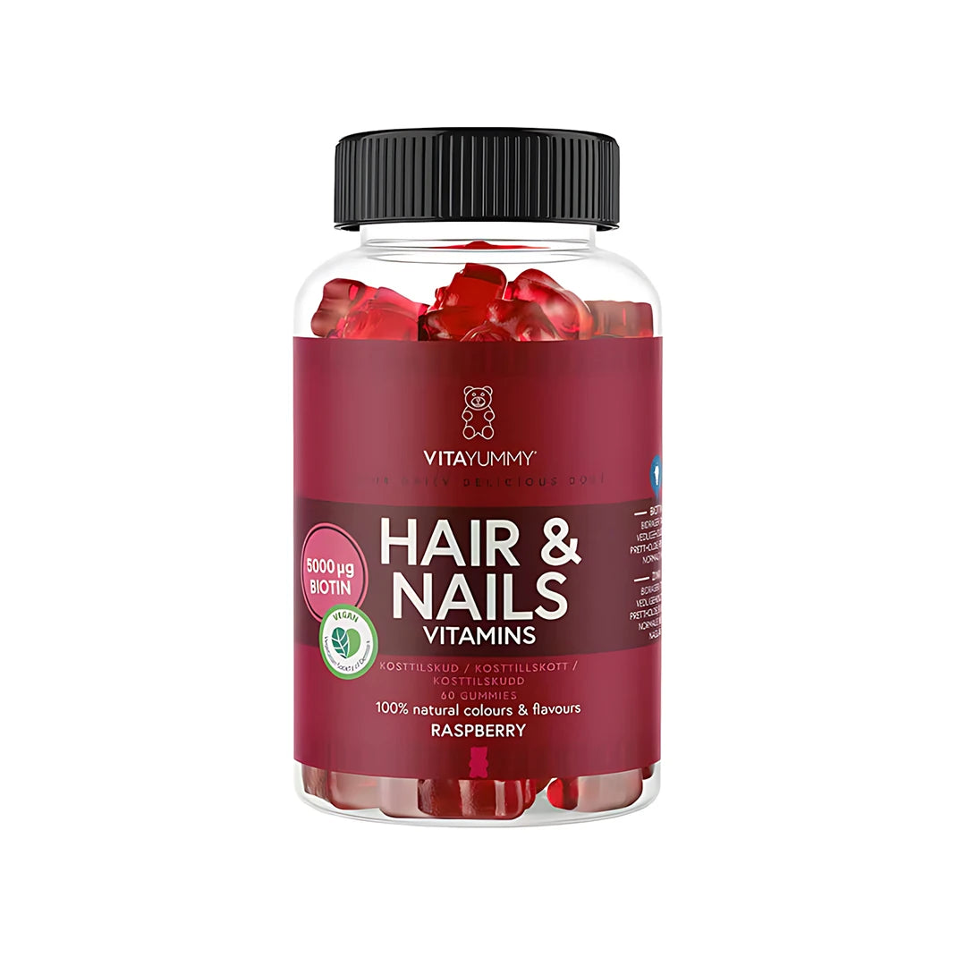 VitaYummy Hair &amp; Nails Vitamin 60 pcs, punaisia vitamiinikumeja läpinäkyvässä purkissa viininpunaisella etiketillä., kuva 1/1