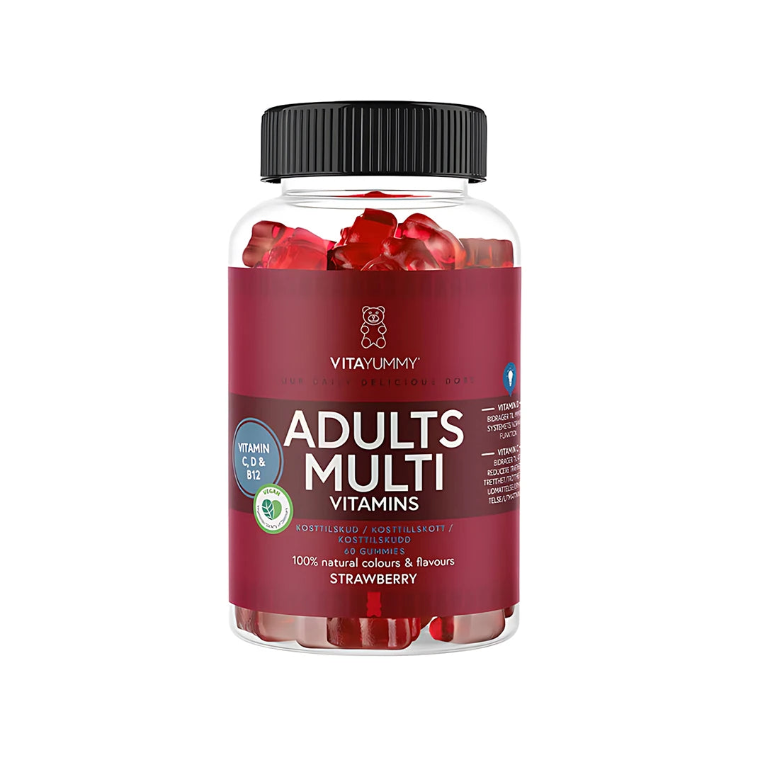 VitaYummy Adults Multivitamin 60 pcs kirkkaassa purkissa: musta kansi, tummanpunainen etiketti ja punaisia purukarkkeja., kuva 1/1